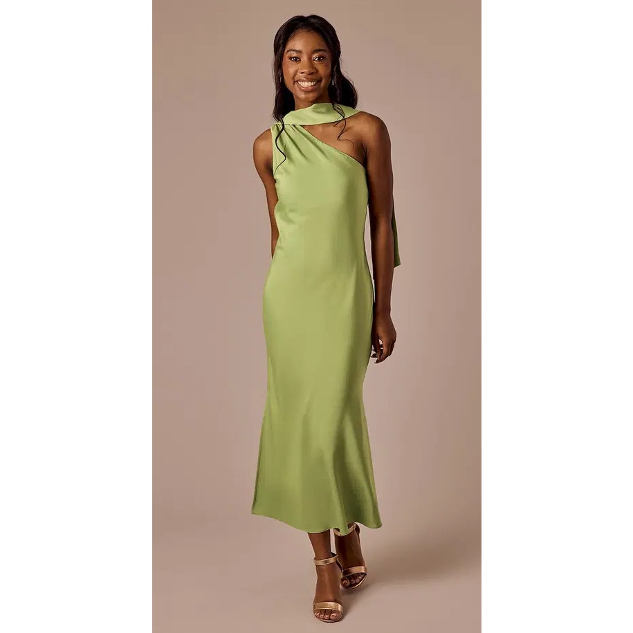 Adelyn Rae One Shoulder Satin Scarf Sheath Dress In Fern Green M Nwt $180